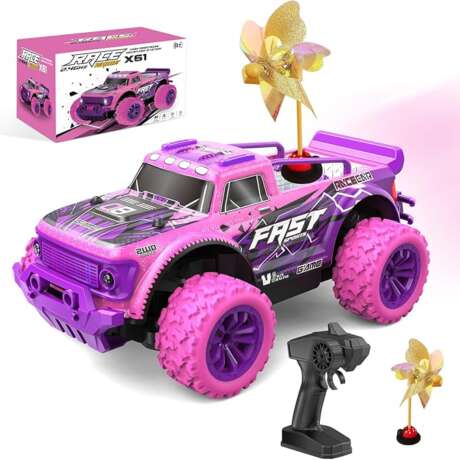 Pink Purple Monster Truck Toys with DIY Windmills, 20Km/h All Terrain Fast Hobby RC Cars with Light and 2 Rechargeable Batteries for kids